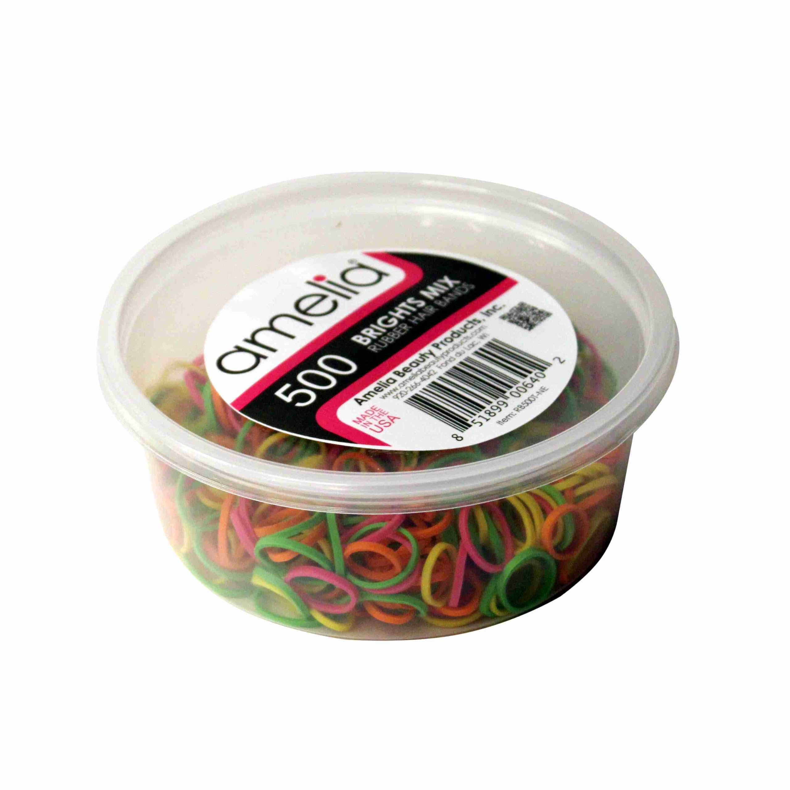 Amelia Beauty 500 Count Small Rubber Bands for Hair – ½" Brights Mix - Made in USA - Recloseable Container - Mini Hair Elastics for Braids, Ponytails, Cornrows & Twists – Strong Hold Ponytail Holders