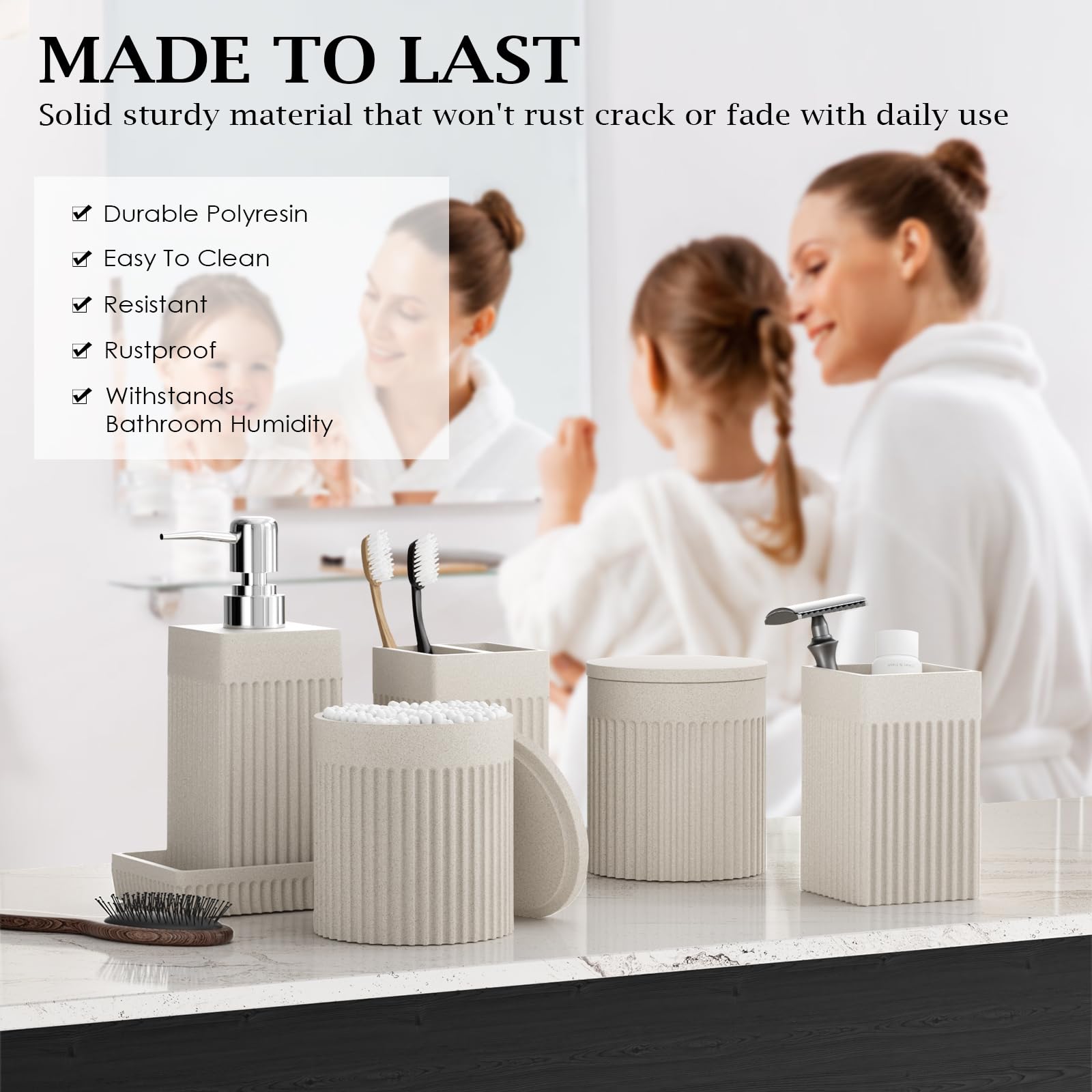 InnJoey 6-Piece Beige Bathroom Set - Sleek Resin Bathroom Accessories Set with Soap Dispenser, Toothbrush Holder, Vanity Tray, Tumbler & Apothecary Jars for Small Spaces
