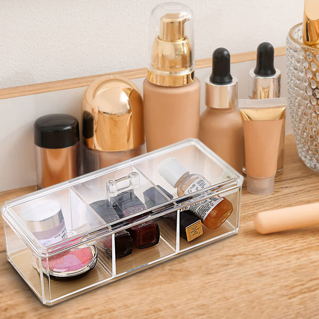 Square Qtip Holder Dispenser, 3 Compartments Cotton Ball Holder, Bathroom Canisters for Cotton Swab, Ball, Cottons Pad Organizer, Clear Acrylic Containers with Lid for Bathroom Vanity Countertop