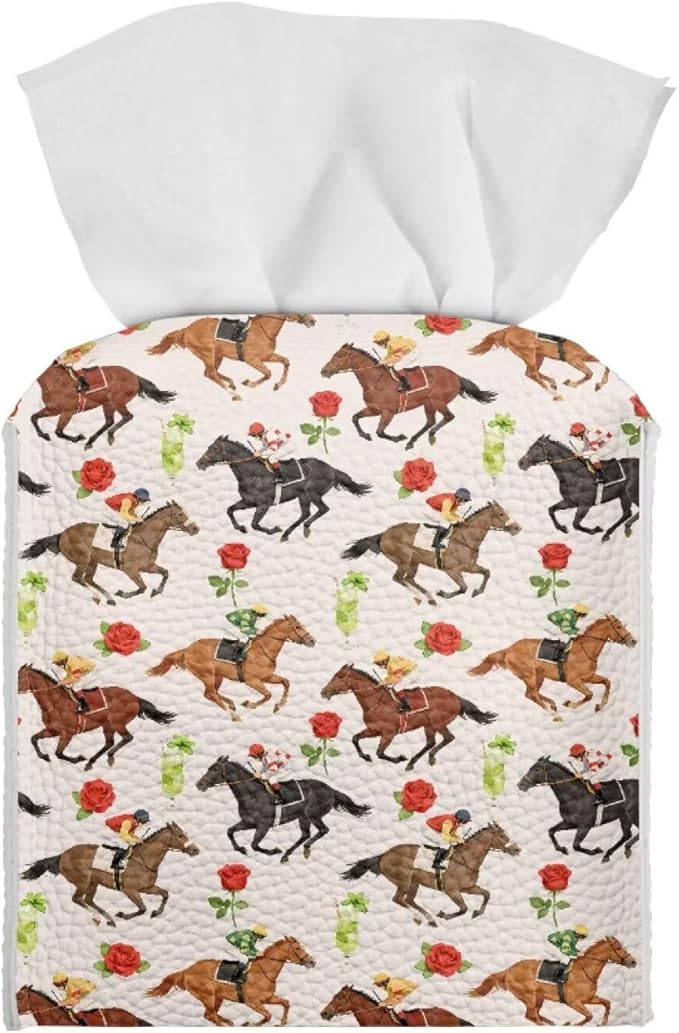 Racing Horse Flower Portable Tissue Box Holder, Lightweight PU Leather Square Tissue Cover with Metal Button, Easy Refill Waterproof Napkin Dispenser for Travel, Car, Office, and Bedroom