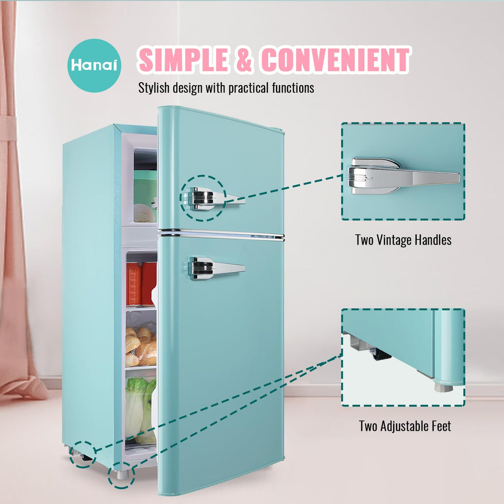 WANAI 3.5 Cu.ft Refrigerators Full-sized Fridge with Freezer Handles Blue Fridge Dual Door Classic Retro Refrigerator Removable Glass Shelves Adjustable Thermostat for Home Office Dorm RV