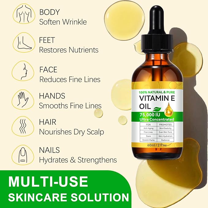 Pure Vitamin E Oil, 75,000 IU Ultra Concentrated & Natural for Smoothing Marks & Wrinkles & Moisturizing Skin & Hair & Cuticles, Cold Pressed/Hexane Free/Non-GMO, 60ML/2Fl Oz