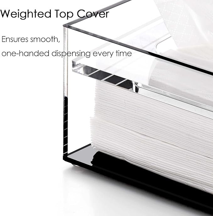 SANRUI Clear Acrylic Facial Tissue Box Cover Holder with 8mm Top Lid Rectangle Napkin Dispenser Organizer for Bathroom, Kitchen and Office Desk,Black&Clear