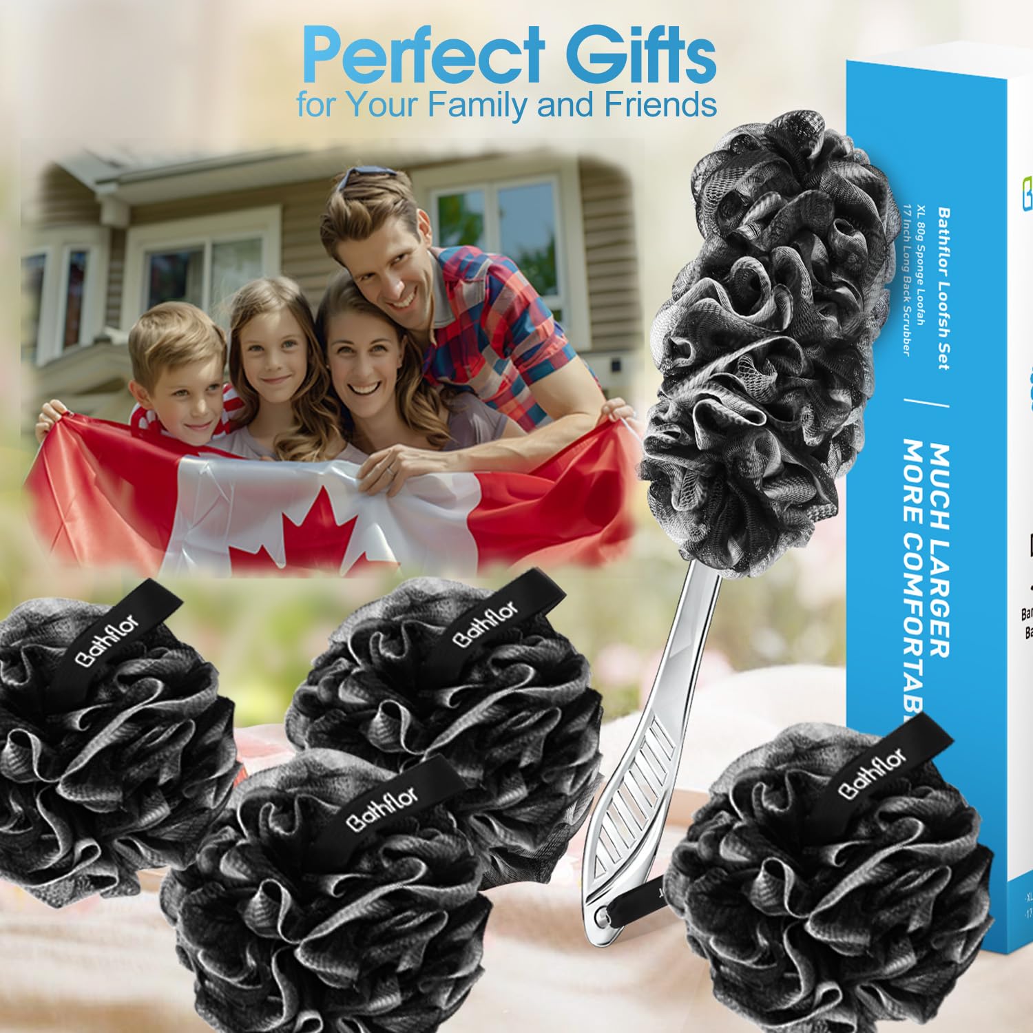 Bathflor Loofah Sponge Exfoliating Body Scrubber: 4PCS Extra Large 80g Shower Loofahs Poufs, 1PCS Long Handle Loofa Back Scrubber, 1PCS Luffa Hook, Charcoal Loofah Pack for Women Men Bath Wash, Black