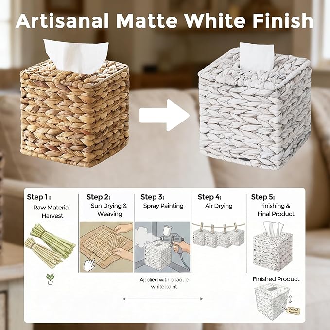 Tissue Box Cover, Square Wicker Tissue Box Holder Facial Tissues Boxes, Hand Woven Napkin Box Tissue Holder for Bathroom Bedroom Office Table Desk Night Stand, Boho Decorative, White