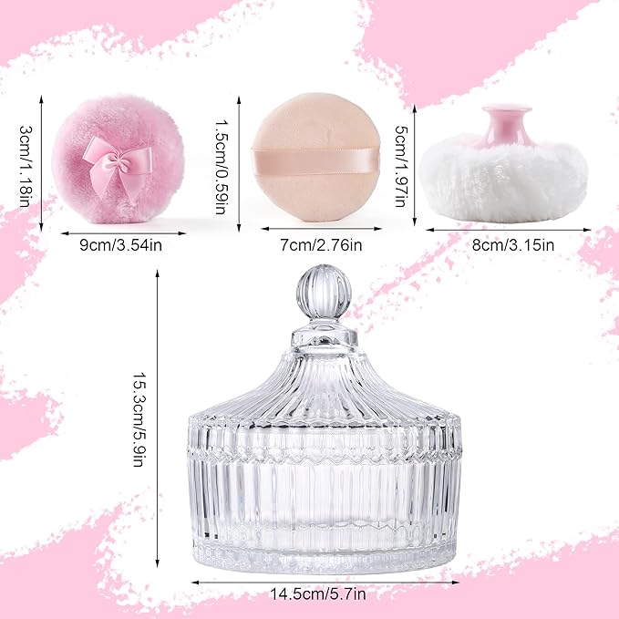 XHDMY Extra Large Body Powder Puff and Container Set Crystal Powder Container with 3 Soft Velour Power Puffs for Women Baby Face Body Washable Reusable Wet Dry Makeup Valentine's Mother's Day Gifts