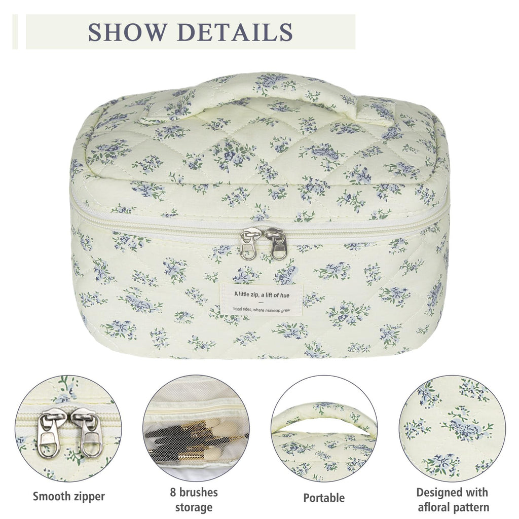 Gosect Large Travel Quilted Makeup Bag for Women,Big Floral Cotton Cosmetic Bag, Cute Coquette Aesthetic Floral Toiletry Organizer Bag (Blue Flower)