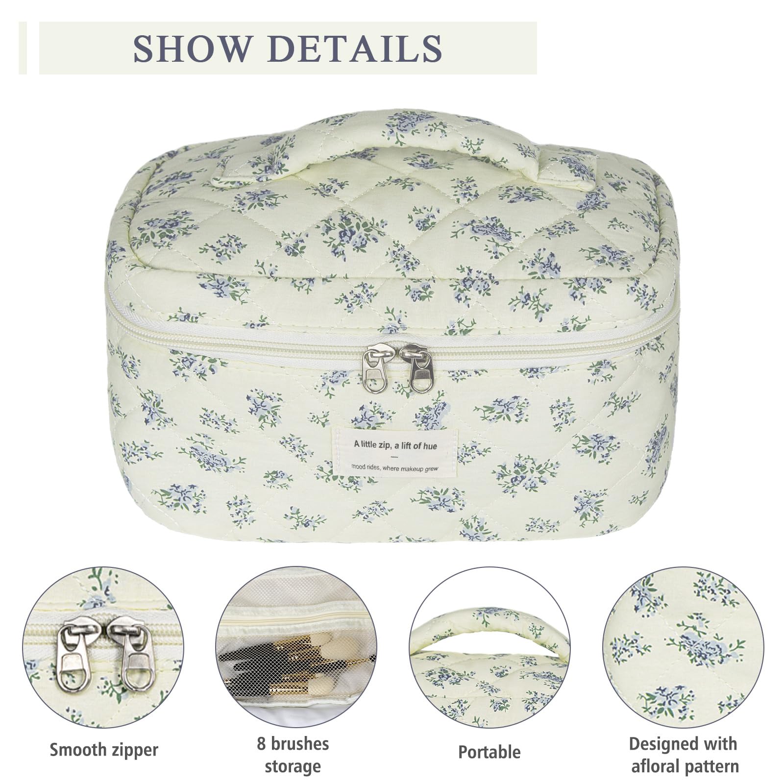 Gosect Large Travel Quilted Makeup Bag for Women,Big Floral Cotton Cosmetic Bag, Cute Coquette Aesthetic Floral Toiletry Organizer Bag (Blue Flower)