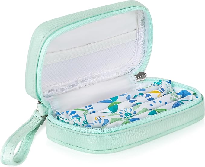 Teircno Portable Tampon Organizer - Beige PU Pouch with Handle, Small Case for Feminine Products, Zipper Period Bag for Women's Purse