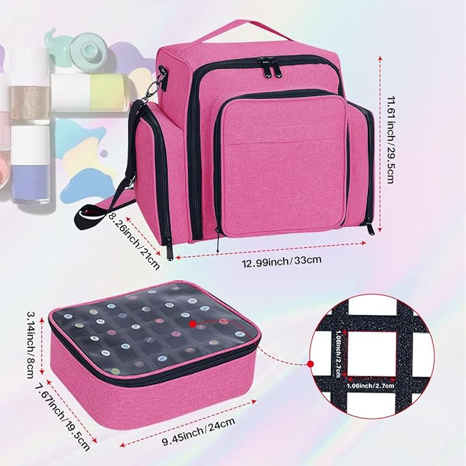YAHOURWAT Nail Polish Organizer Holds 60 Bottles and a Nail Lamp,Portable Travel Case with 2 Removable Bags and Tools Storage Pockets Rose Red