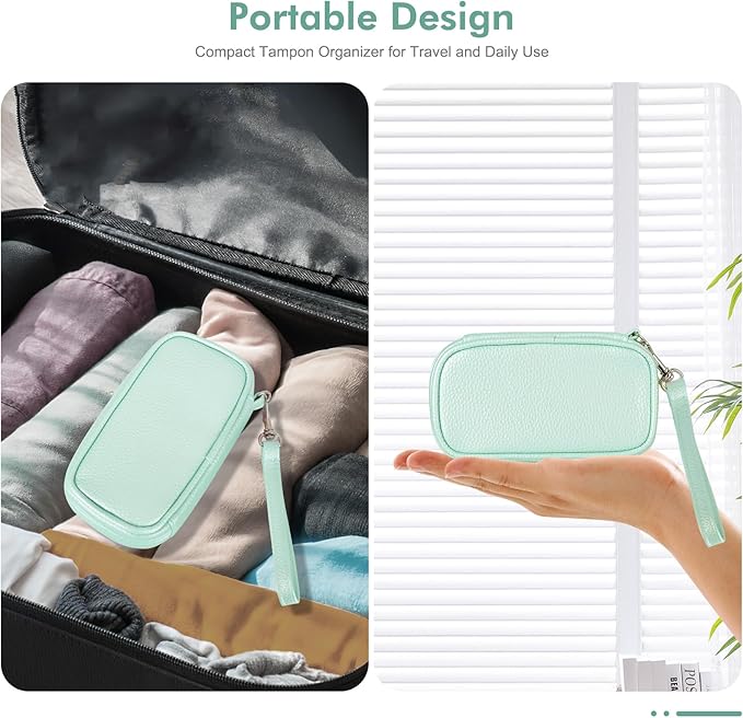 Teircno Portable Tampon Organizer - Beige PU Pouch with Handle, Small Case for Feminine Products, Zipper Period Bag for Women's Purse