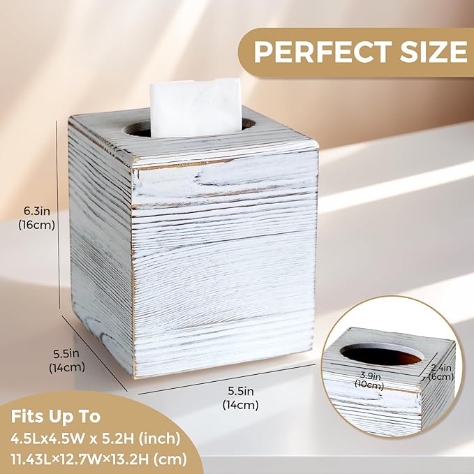 KALEKAIL Wood Tissue Box Cover Square, Rustic White Tissue Box Cover, Decorative Cube Facial Wooden Tissue Box Holder with Slide-Out Bottom for Bathroom, Bedroom, Dinner Table, Office, Kitchen
