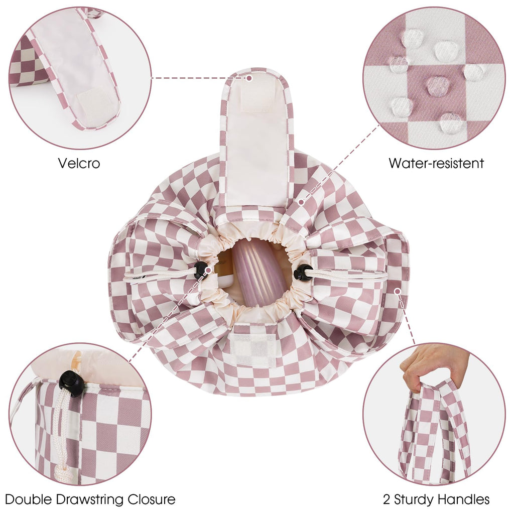 Narwey Barrel Drawstring Checkered Makeup Bag Large Cosmetic Bag Make up Bags Toiletry Bag Travel Bags for Toiletries Organizer for Women Gift for Teen Girls (Dusty Pink Checkerboard) (Patent)