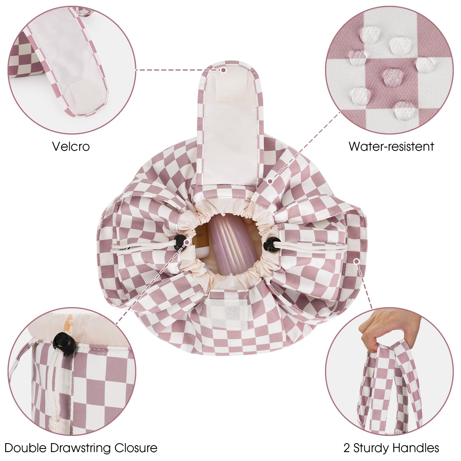 Narwey Barrel Drawstring Checkered Makeup Bag Large Cosmetic Bag Make up Bags Toiletry Bag Travel Bags for Toiletries Organizer for Women Gift for Teen Girls (Dusty Pink Checkerboard) (Patent)