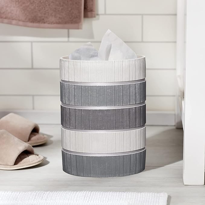 Zahari Home 2pc Modern Line Stylish Bath Accessories Set Waste Basket & Square Tissue Box Cover Classic Contemporary Decorative Beautiful Designs Gray Bathroom Decor Set for Home Modern Bath Set