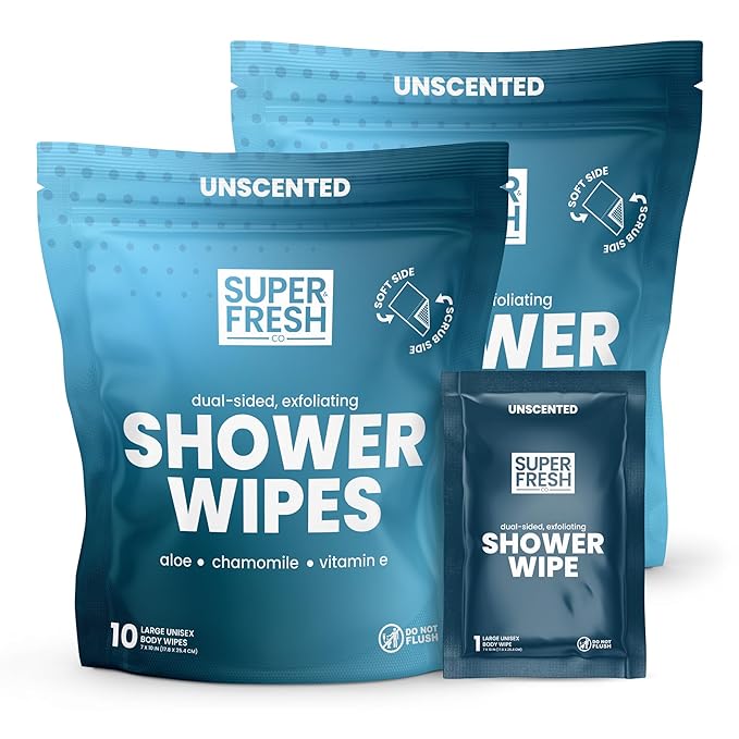 Super Fresh Shower Body Wipes, Travel Essentials for Camping, Large Unscented for Adults, Women, Men, Kids Personal Hygiene Cloth Enriched with Aloe and Vitamin E, Individually Wrapped 20 Pack