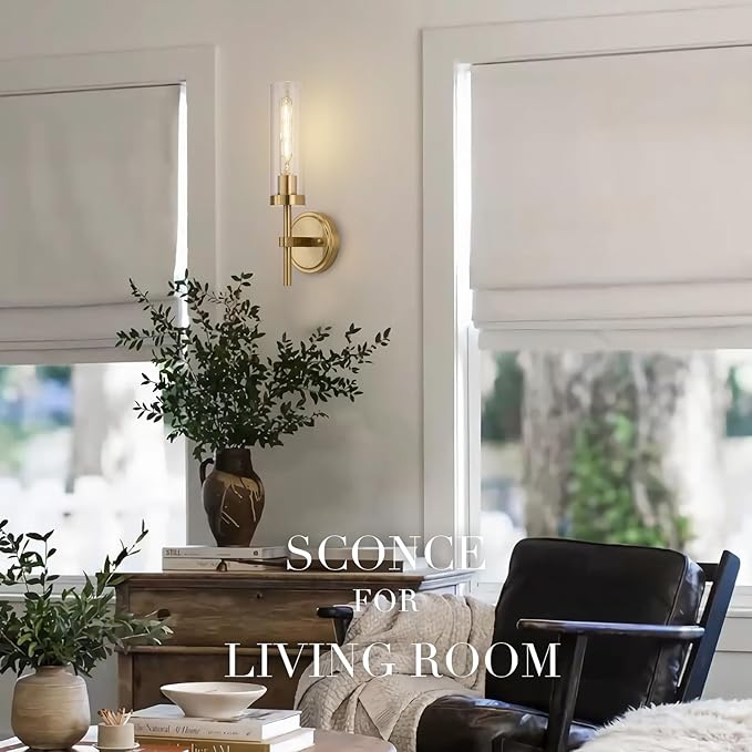 Hardwired Wall Sconces Set of Two, Brushed Gold Bathroom Sconces Wall Lighting Vanity Light Fixtures with Clear Glass, Brushed Brass Wall Decor Lights for Mirror Living Room Bedroom Hallway Stairwell