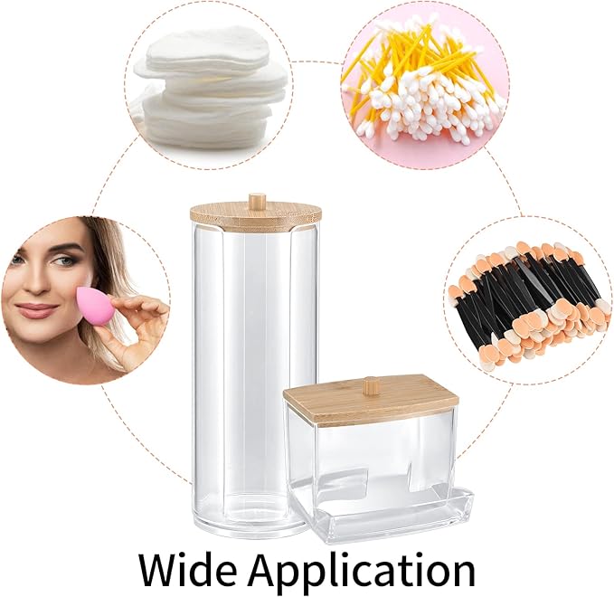 Fulushouxi 2 Pcs Cotton Pad Holder, Bathroom Makeup Organizers Containers for Cotton Ball/Swab/Round Pads/Floss/Hair Ties Canister Vanity Storage Jars Dispenser Holder wuth Bamboo Lid