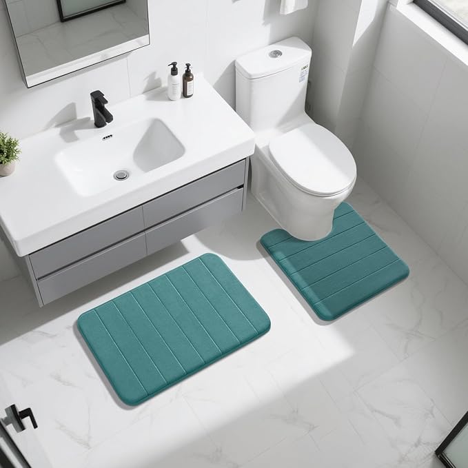 Yimobra Memory Foam Bath Mat Set 2 Piece - Super Soft Absorbent Quick Dry Bathroom Toilet Rugs, Machine Washable Non Slip Floor Carpet for Tub Shower & Single Sink (31.5x20 & 24x20, Teal)