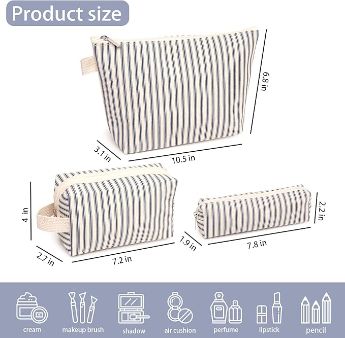 Beayuva 3 Pcs Canvas Makeup Bag Set Cosmetic Pouch for Women Travel Toiletry Bag Cute Makeup Organizer Purse Pouch Preppy Pencil Case with Zipper (Blue Pinstripes)