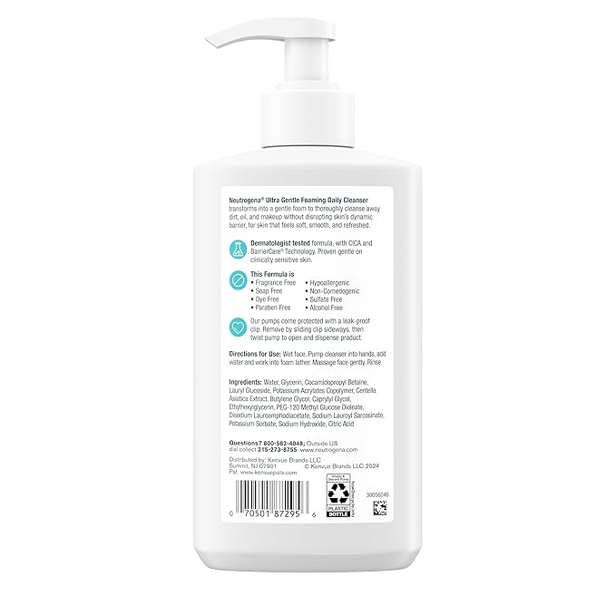 Neutrogena Ultra Gentle Foaming Facial Cleanser, Daily Face Wash for Sensitive Skin, Gently Removes Dirt, Oil & Makeup Without Over-Drying, Fragrance-Free, 12 fl. oz