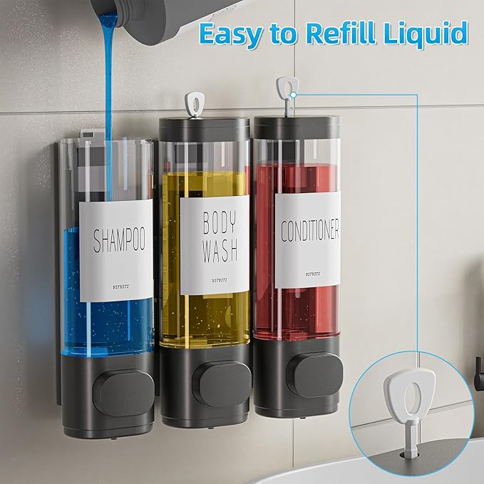 VITVITI Shampoo and Conditioner Dispenser for Shower Wall, Shower Soap Dispenser 3 Chamber No Drill Wall Mounted, 10.2 OZ Plastic Refillable Shower/Body Wash Bottles for Bathroom (Gun Gray)