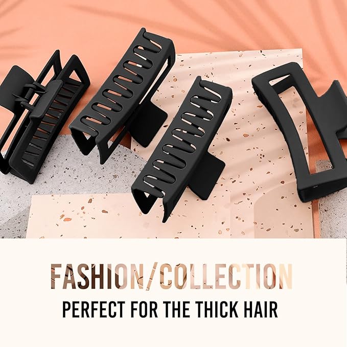 ZYTJ 5 Inche Black Extra Large Claw Clips for Thick Hair and Long Hair, 4 Pack Xl Jumbo Claw clips, Oversized Matte Non-slip Rectangle Hair Clips for Women, Big Strong Hold Jaw Clip