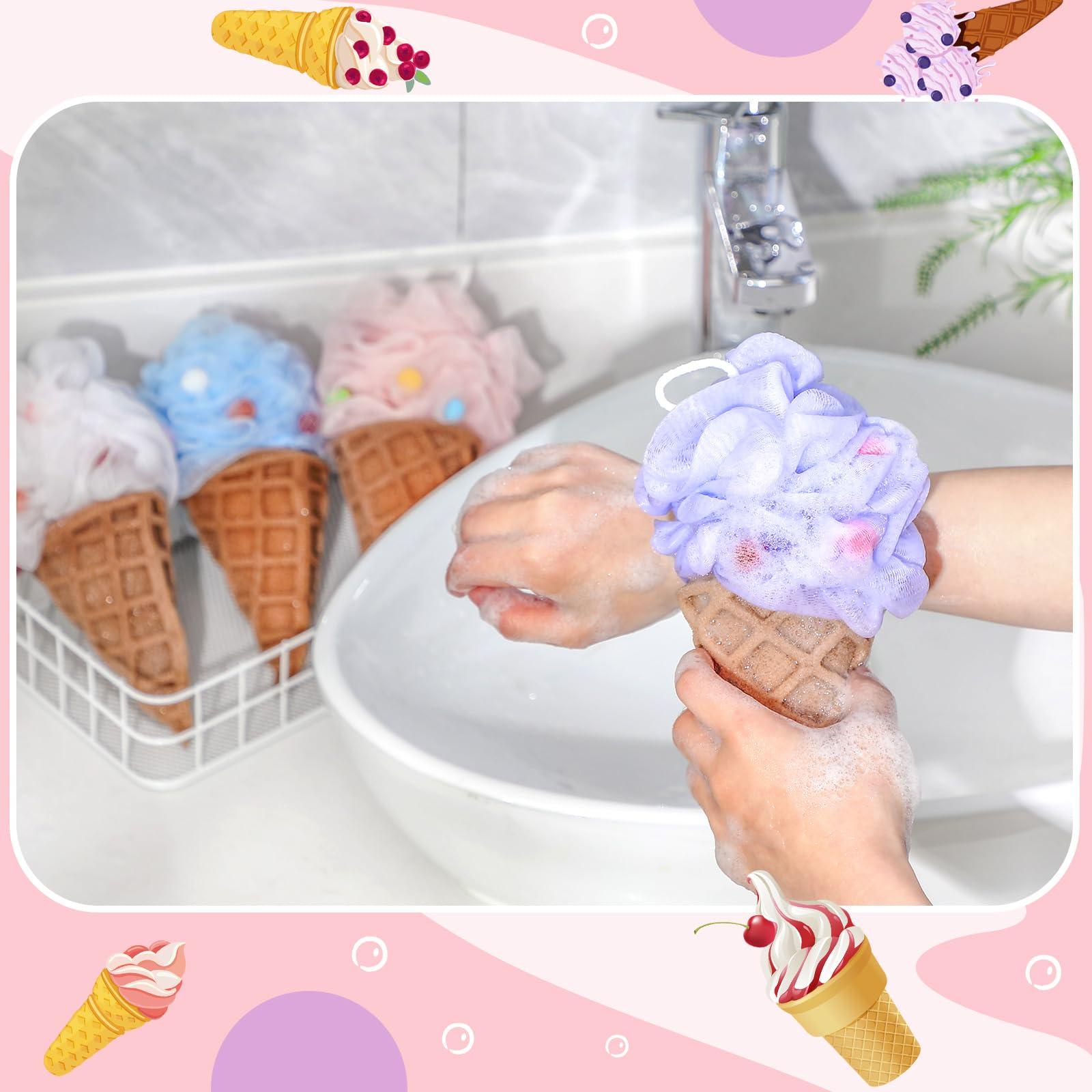 Reallnaive 4 Pcs Ice Cream Bath Loofah Sponge Cartoon Body Scrubber Loofah Soft Mesh Exfoliating Bath Scrubber Shower Ball for Shower Sponge Gifts Exchange Birthday Party