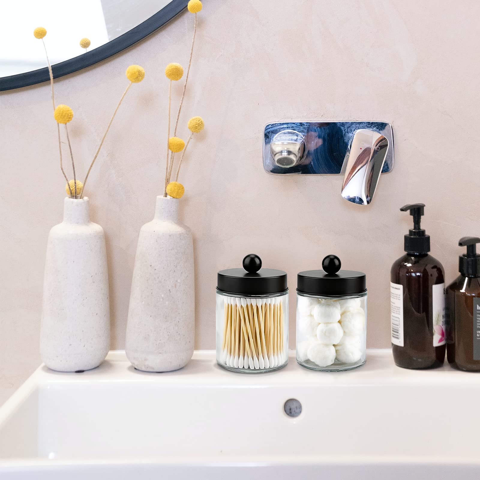 Goramio 4 Pack Glass Apothecary Jars with Lids for Bathroom, Cute Qtip Holder, Black Bathroom Accessories Set, Small Bathroom Canisters with Lids for Q-Tips, Cotton Swabs, Black Bathhouses Decor