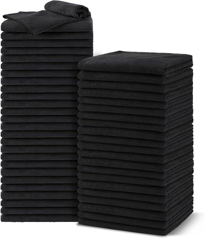 UNIMADE Salon Towels 48 Pack, Microfiber Barber Towel Bulk,(16x29 inches) Fast Drying Hair Towels Super Soft Black Hnad Towels for Gym, Salon, Bath, Spa Use and Home Hair Care(Not Bleach Proof)
