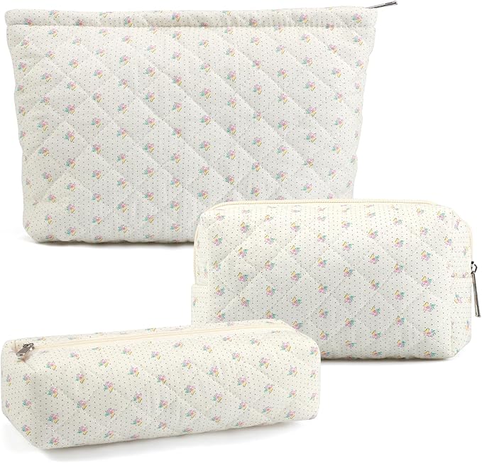 Gocvo 3 Pcs Makeup Bag Cosmetic Bag Set for Girls Women Checkered Travel Organizer Bathroom Toiletry Pouch Large Capacity Storage Bag(Small Flower Blue)