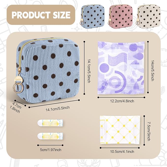 Period Bag for Teen Girls, Corduroy Cute Sanitary Napkin Storage Bag, Menstrual Pad Pouches Tampon Holder for Purse (Beige-Polka Dots)