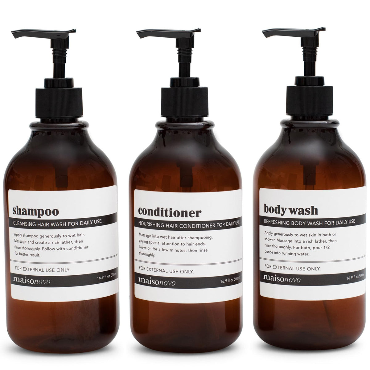 MaisoNovo Refillable Shampoo and Conditioner Bottles| Amber Black Set of 3