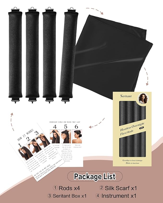Seritant Heatless Curls Overnight with Satin Head Scarf, Velvet Hair Rollers for Blowout Look, No Heat Curling Rod for Long Thick Hair, Soft Sleep In Flexi Rods