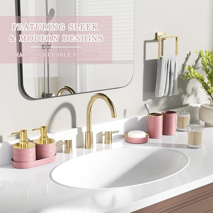 InnJoey Bathroom Set, 10PC Bathroom Accessory Set, Pink Bathroom Accessories, Pink and Gold Bathroom Set with Trash Can, Soap Dispensers