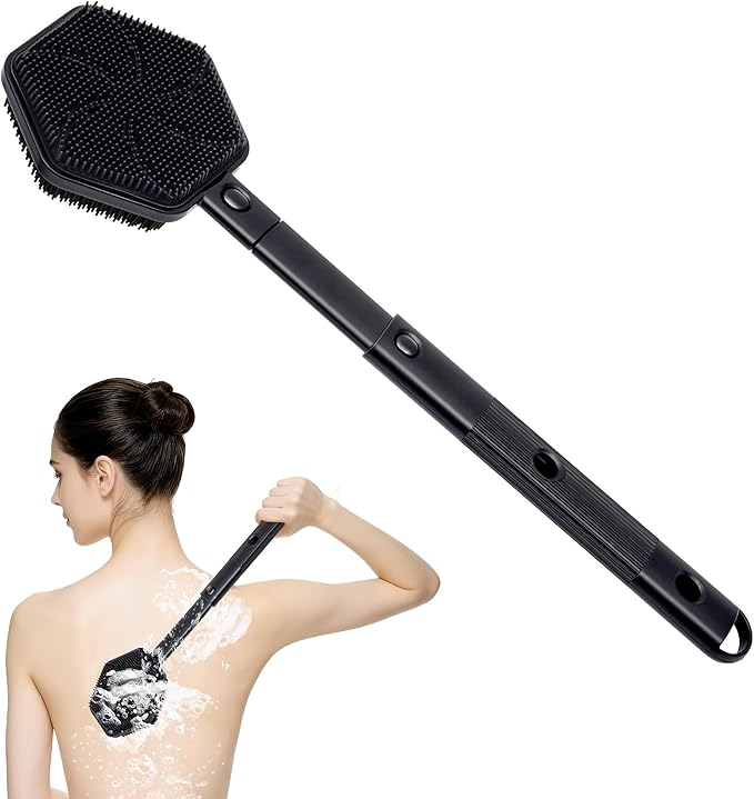 Silicone Back Scrubber for Shower with 21" Extendable Handle–Dual-Sided Long Handle Bath Brush for Exfoliating&Massage–Non-Slip Grip, Gentle&Deep Cleansing Body Brush for Men, Women, Seniors (Black)