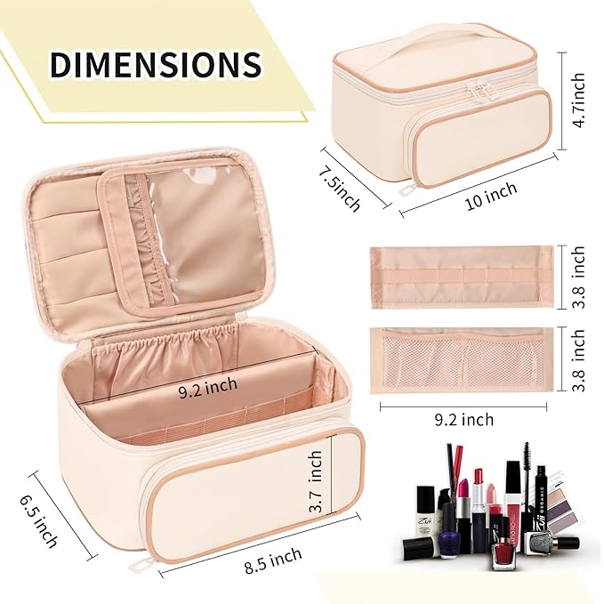 OCHEAL Makeup Bag, Multifunctional Large Cosmetic Organizer Toiletry Brushes Storage Case for Women Girls with Handle Divider - Beige