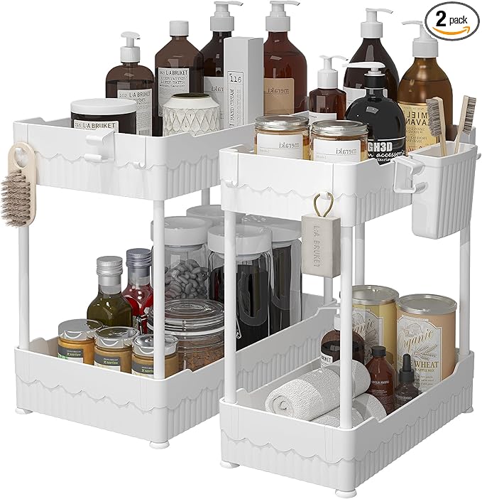 2 Pack Under Sink Organizer, Under Bathroom Cabinet Organizer with Hooks Hanging Cup, Multi-Purpose Storage Shelf for Kitchen Bathroom (White, 14.8 Inch)