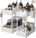 2 Pack Under Sink Organizer, Under Bathroom Cabinet Organizer with Hooks Hanging Cup, Multi-Purpose Storage Shelf for Kitchen Bathroom (White, 14.8 Inch)