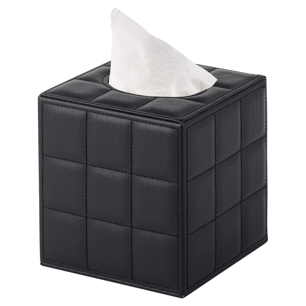 XNONE Tissue Box Cover Square Tissue Box Holder PU Leather Facial Organizer with Magnetic Bottom,Decorative Napkin Caddy for Vanity Dresser Night Stand Table Countertop Home Office Car,Black