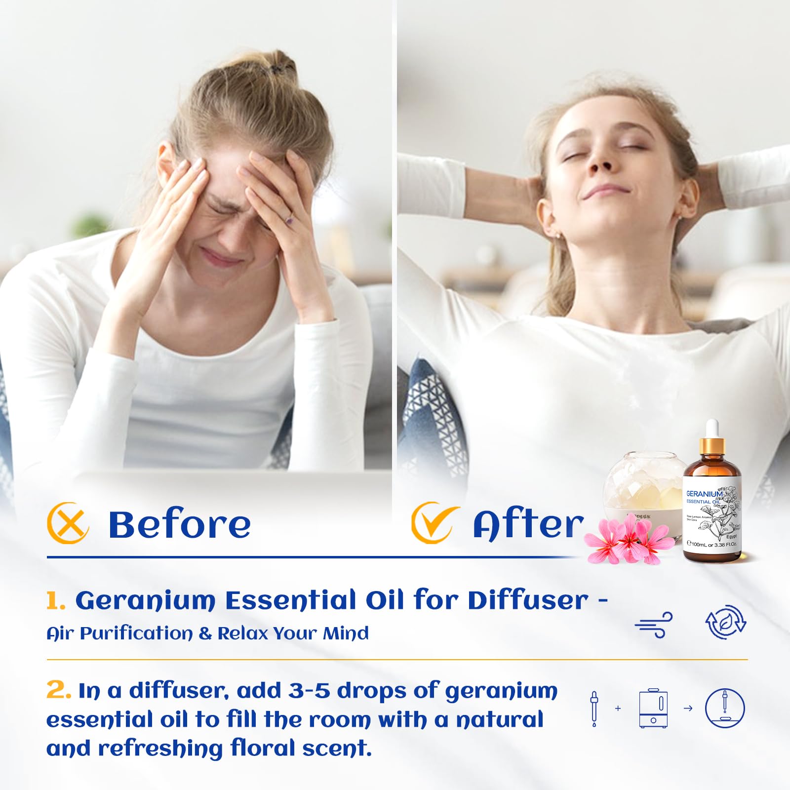 HIQILI Geranium Essential Oil for Skin Care & Aromatherapy diffusing