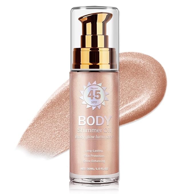 LZXLUKGIR Shimmer Body Oil,Glitter Sunscreen,SPF 45 Broad Spectrum,Lightweight Moisturizing Body Glow Oil,Water Resistant,Glowing Results,01 Rose Gold