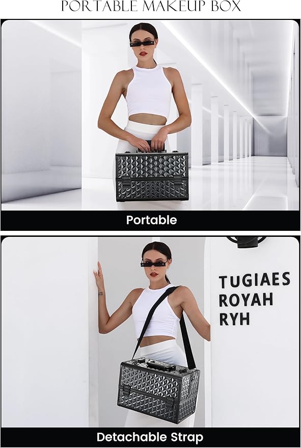 Joligrace Makeup Train Case Professional Cosmetic Organizer Aluminum Storage Box with 4 Adjustable Dividers Trays Lockable Portable with Shoulder Strap - Black