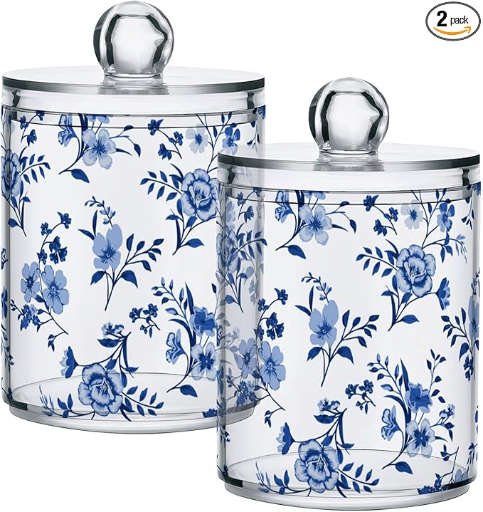 Kigai Cotton Swabs Organizer Blue Wildflowers Qtip Holder Dispenser with Lid Apothecary Jar Set 2PCS Reusable Clear Plastic Cans for Dry Food
