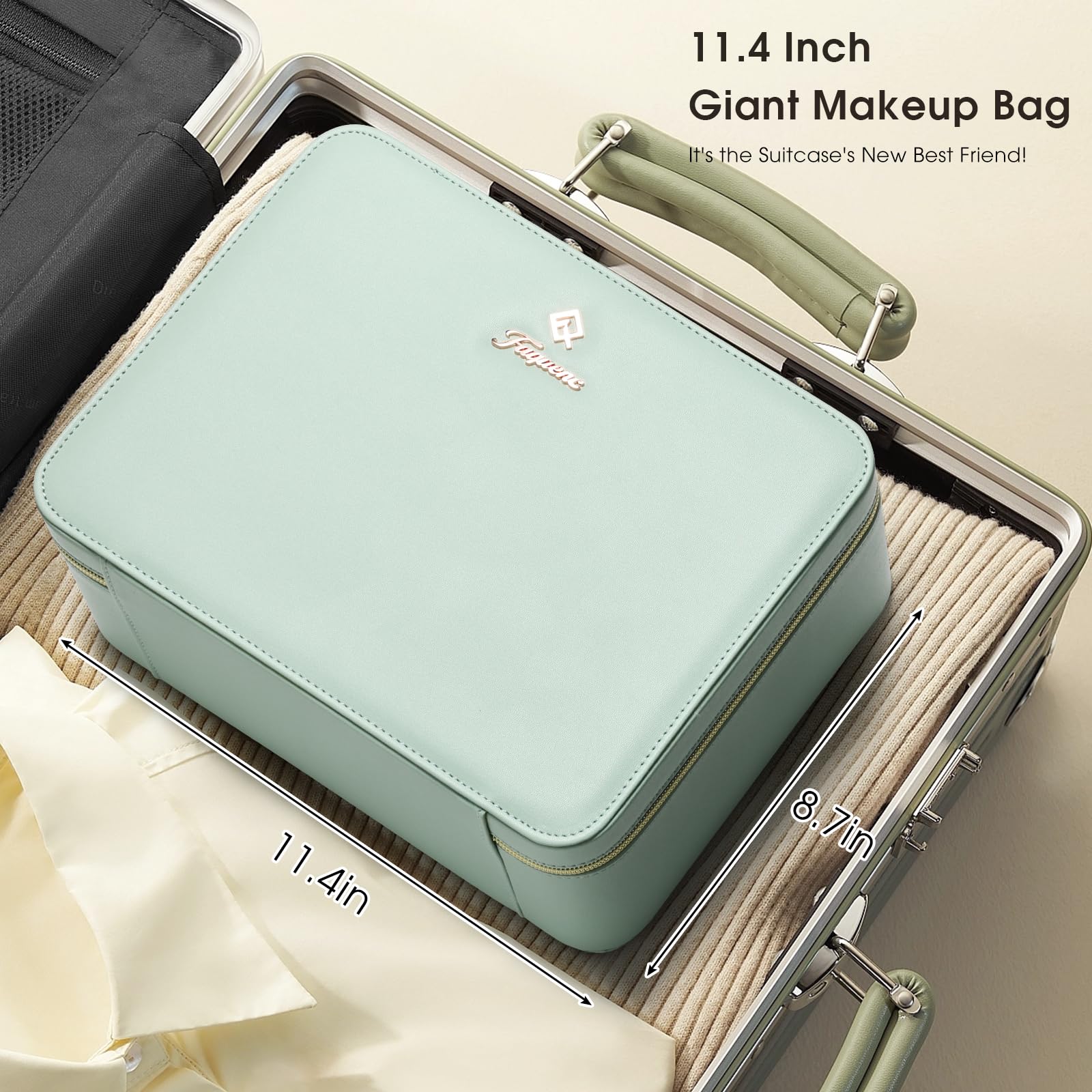 Leather Makeup Case with LED Lighted Mirror 11.4 Inch Travel Makeup Bag Adjustable Brightness in 3 Colors Cosmetic Organizer Artist Storage Bag with Dividers Brush Holder Storage Vanity Watery Blue