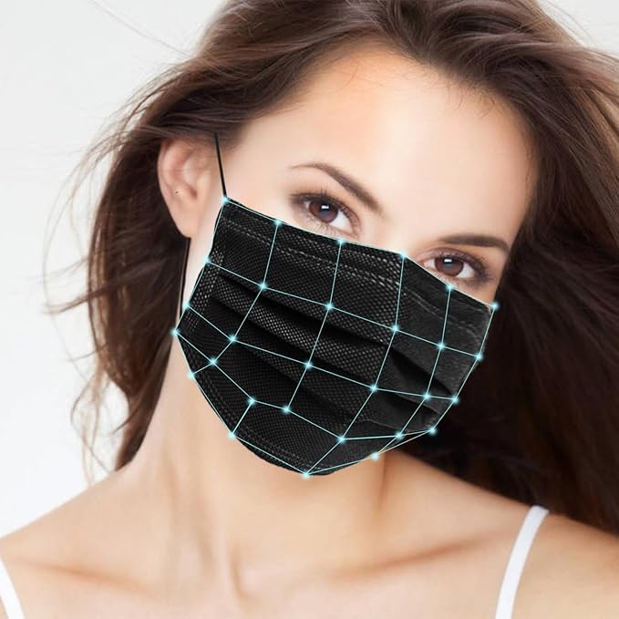 SDIW 100Pcs Black Disposable Face Mask, 3 Ply Black Face Masks with Soft Elastic Ear loops