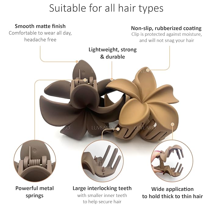 Flower Hair Clips for Women and Girls Thick to Thin Hair Medium Cute Claw Clips Decorative Plumeria Hawaiian Hair Accessories Nonslip Neutral Matte Pinzas Para el Cabello
