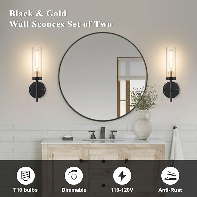 Hardwired Wall Sconces Set of Two, Bathroom Vanity Sconces Wall Lighting with Clear Glass Shade, Black and Gold Modern Farmhouse Wall Mount Lights for Mirror Bedroom Living Room Hallway Entryway