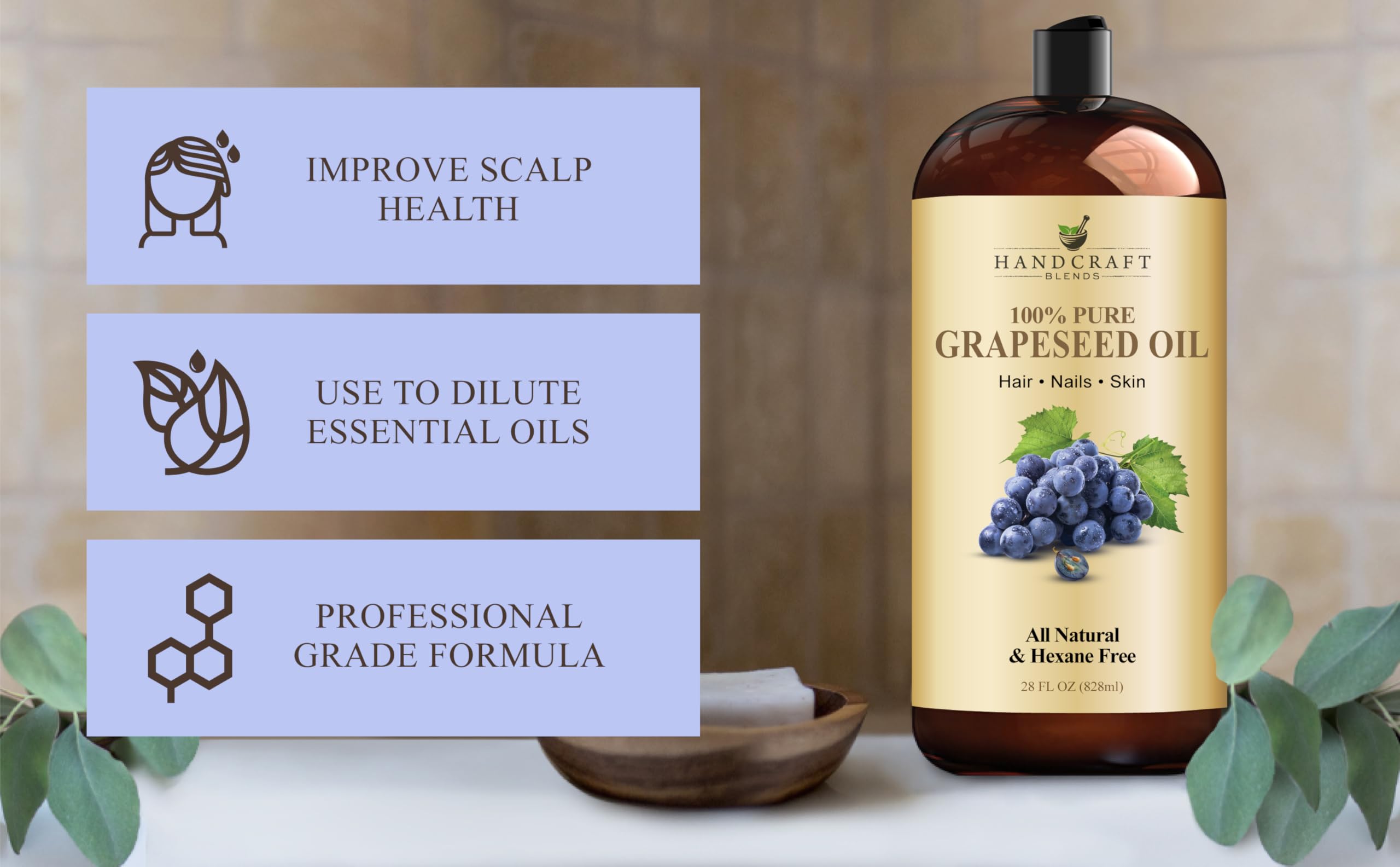 Handcraft Blends Grapeseed Oil | 100% Pure and Natural | Bath & Body Oil | Premium Grade Carrier Oil | Skin | Hair | Body | Massage | Cold-Pressed | Hexane-Free | 28 Fl Oz