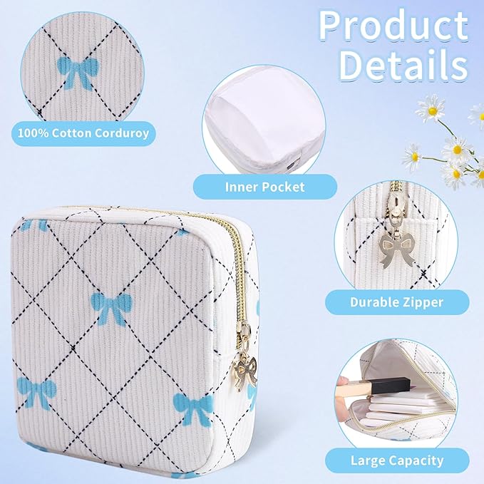Teircno Period Bag for Women - Cute Corduroy Sanitary Napkin Storage Bag with Bow Design | Period Pouch for Daily Use, Travel | Discreet Menstrual Pouch | Pad Bags for Period Holds Pads, Tampons